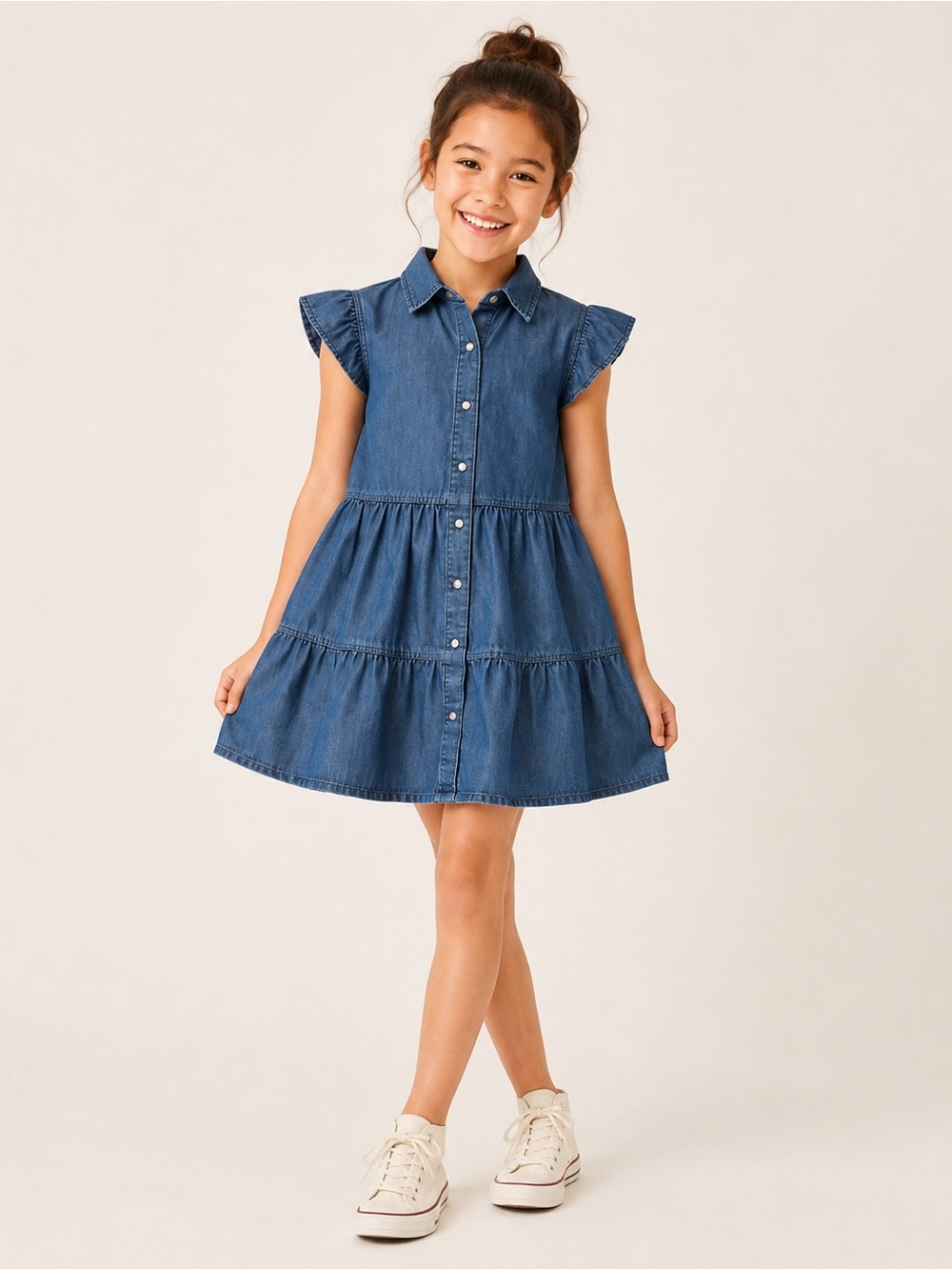 Crewcuts Girls 10 Chambray Tiered Pearl Snap Dress Flutter Sleeve